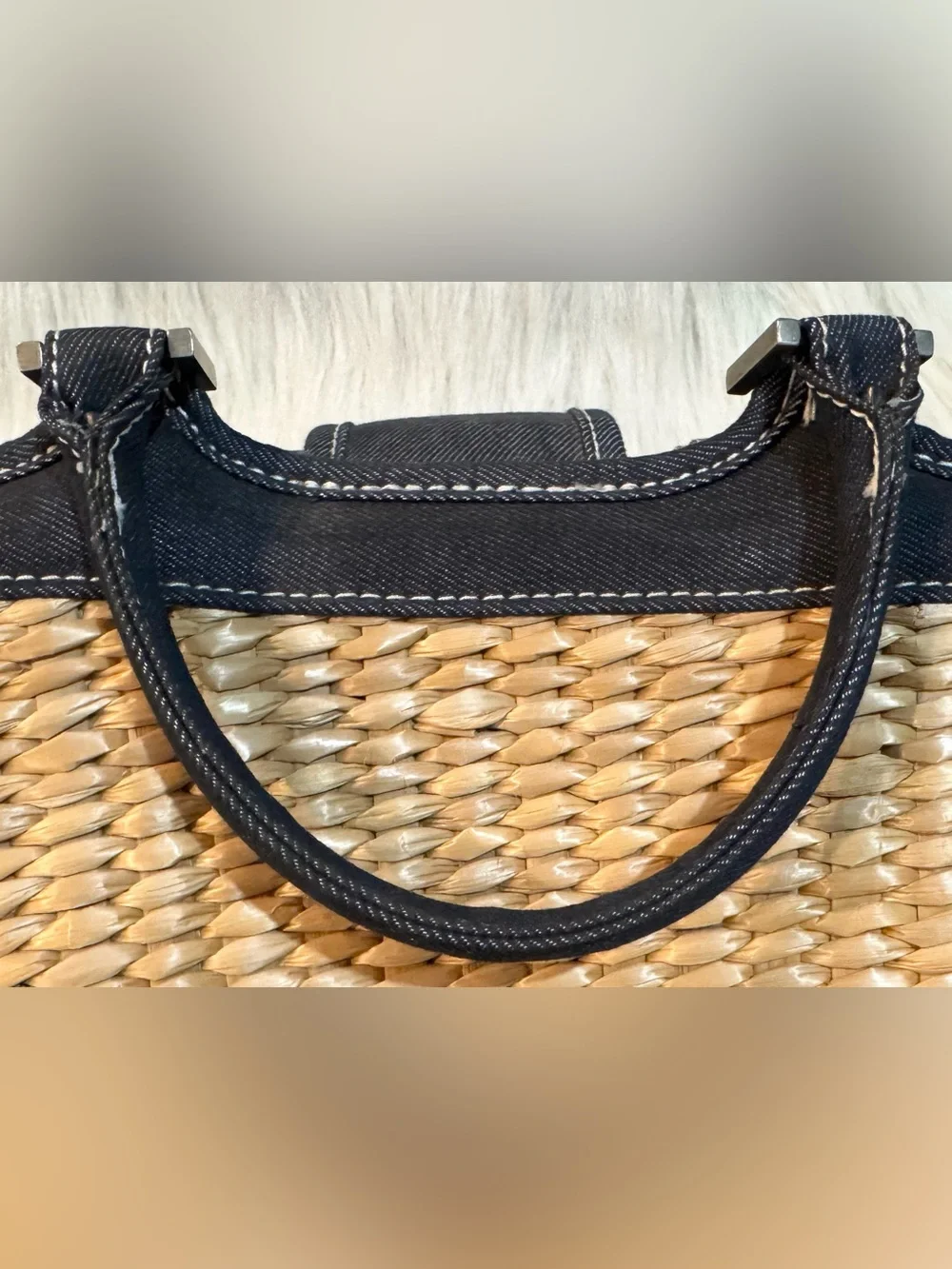 Bath & Body Works Denim & Raffia Small Satchel Tote Buckle Blue Natural GUC